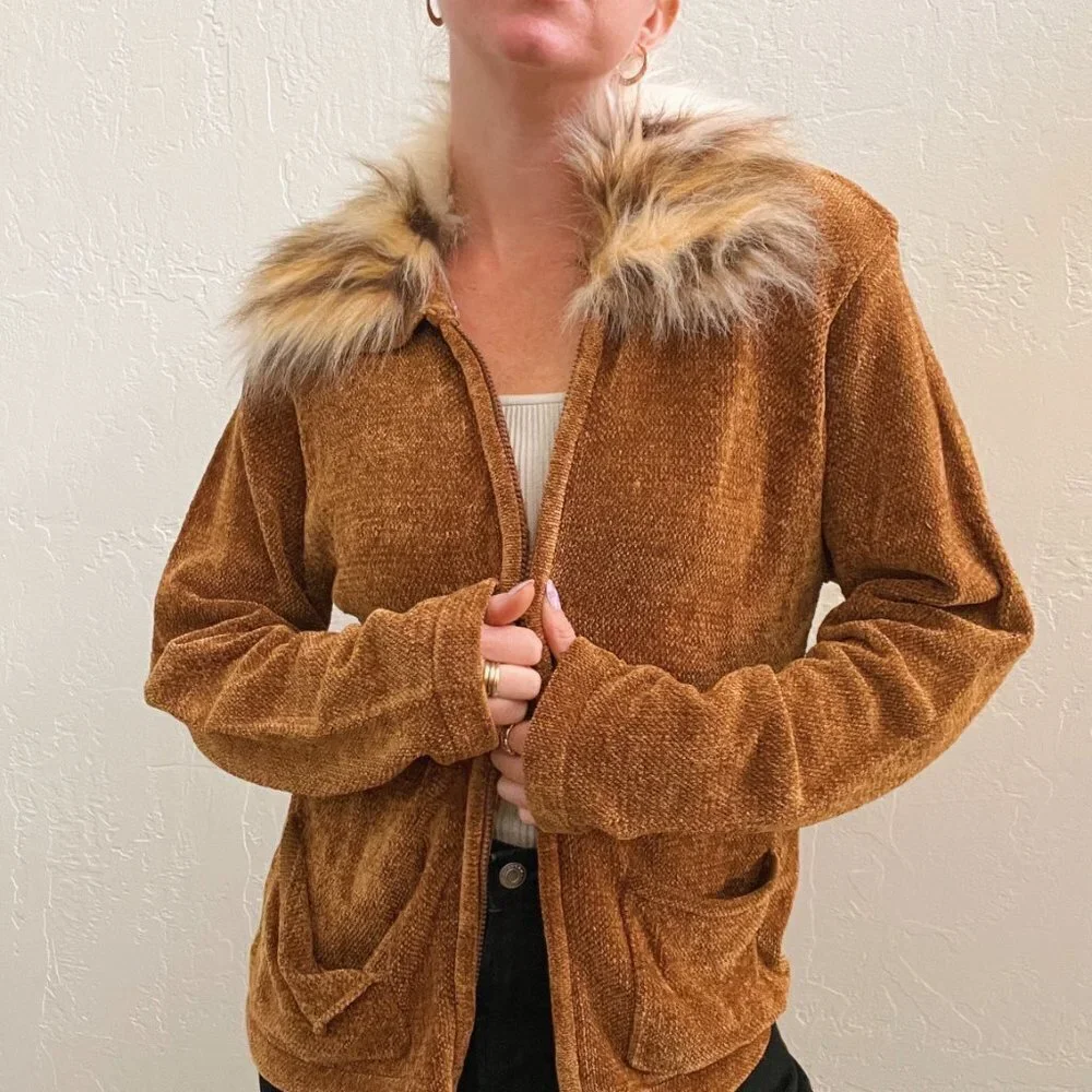 Vintage 1990's Tan Chenille Knit Fur Collar Zip Up Sweater - Picture 2 of 7